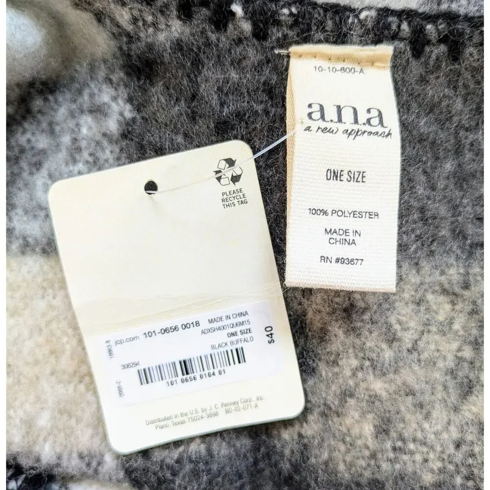 Ana Shawl Cape Wrap OS Black Gray White Buffalo Check Fringed Fuzzy Thick NEW